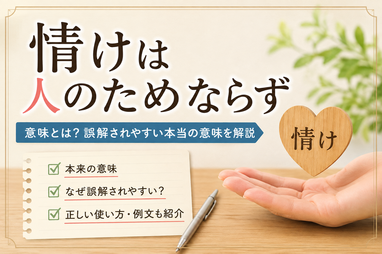 「情けは人のためならず」の本来の意味と誤解されやすい解釈を解説するアイキャッチ画像