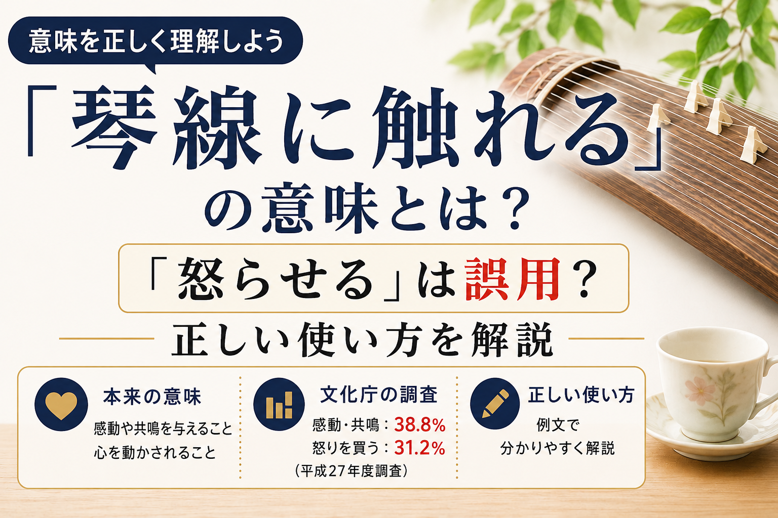 「琴線に触れる」の本来の意味と「怒らせる」という誤解を解説するアイキャッチ画像