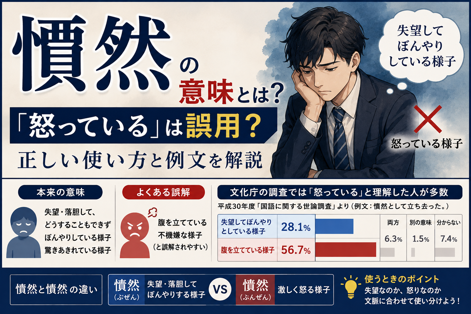 「憮然」の意味や「怒っている」という誤解、文化庁の調査結果、「憤然」との違いを解説するアイキャッチ画像