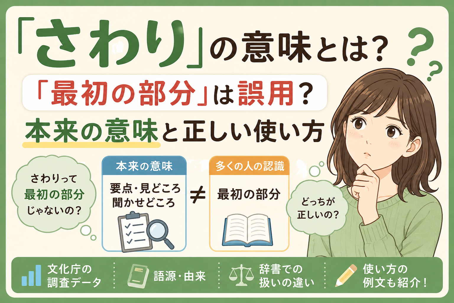 「さわり」の本来の意味と「最初の部分」という使い方の違いを解説したアイキャッチ画像
