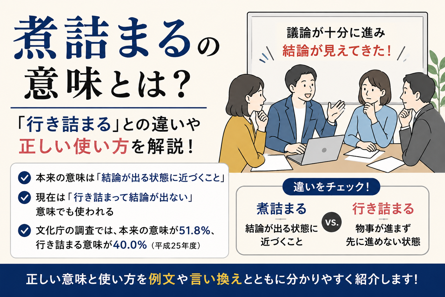 「煮詰まる」の本来の意味と「行き詰まる」との違いを解説するアイキャッチ画像