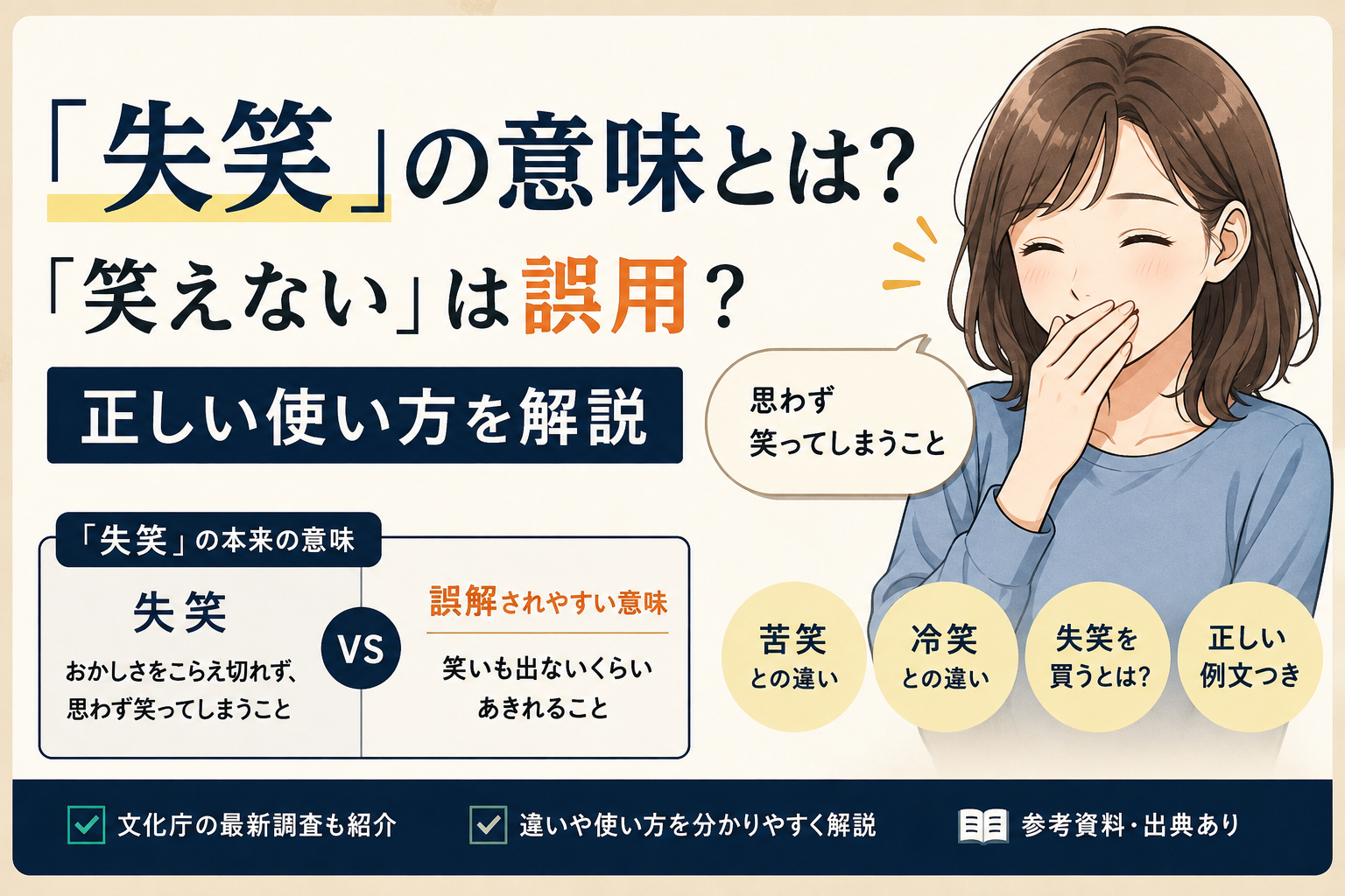 「失笑」の本来の意味と「笑えない」という誤解を解説するアイキャッチ画像